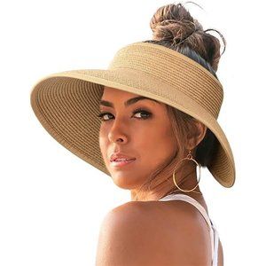 Sun Visor Hats for Women Wide Brim Straw Roll Up Ponytail Summer Beach Hat UV